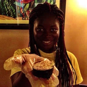 Janet, one of our sushi interns, with a mango/ avocado/ guyabana roll.