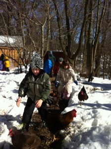 Students navigate the snow with their feathered friends