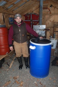 One of these big blue tanks worth of sap becomes one gallon of maple syrup.