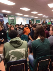 All students gather for a town hall meeting in Common Ground's cafeteria. 