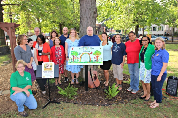 Parents, teachers and administrators from Conte West Hills Magnet School join staff from Common Ground, Audubon CT, and US Fish & Wildlife Service to celebrate the unveiling of their Schoolyard Habitat alongside their School Garden in Fall 2016. Photo credit: Suzannah Holsenbeck